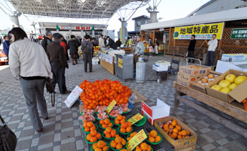 大屋根の下の多目的広場では特産品の販売が行われている