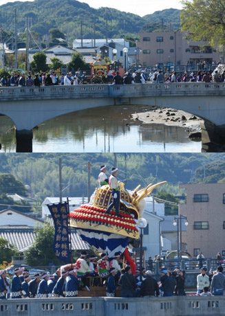 上：札の辻橋を渡る神輿（みこし）、　下：１０番曳山