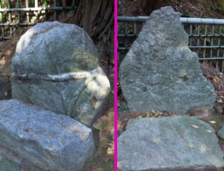 熊野神社の脇にある陰陽石(左:陽石、右:陰石)