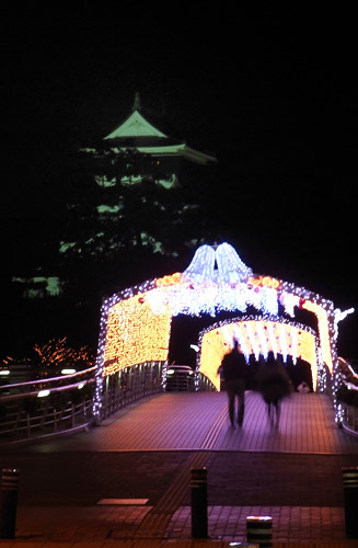 鴎外橋の後ろにはライトアップされた小倉城